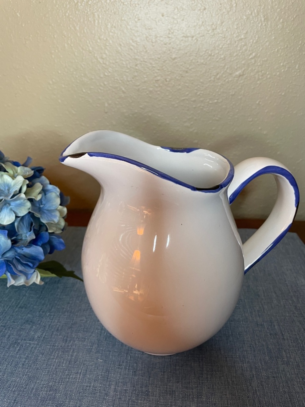 Vintage White Ceramic Pitcher with Blue Trim-Shabby Chic Cottagecore Style - Picture 6 of 10